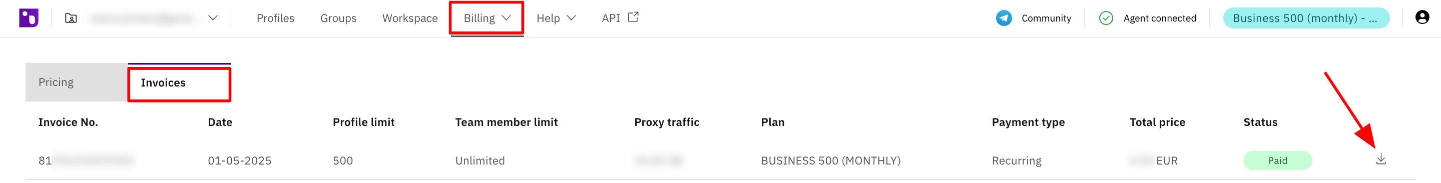 Instruction on how to download an invoice