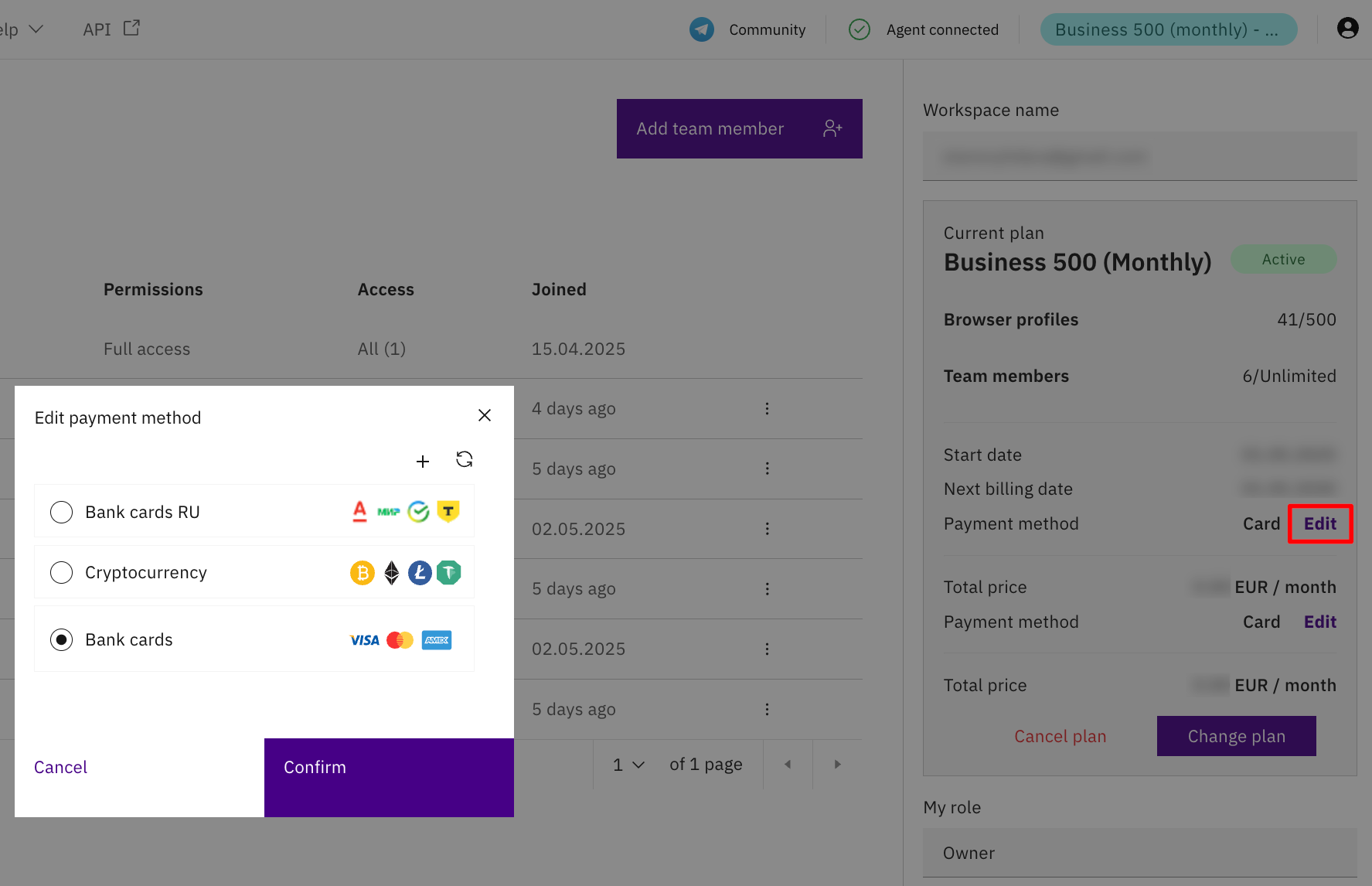 Process of changing payment method in Indigo X