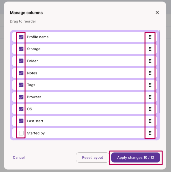 Image of Manage columns window