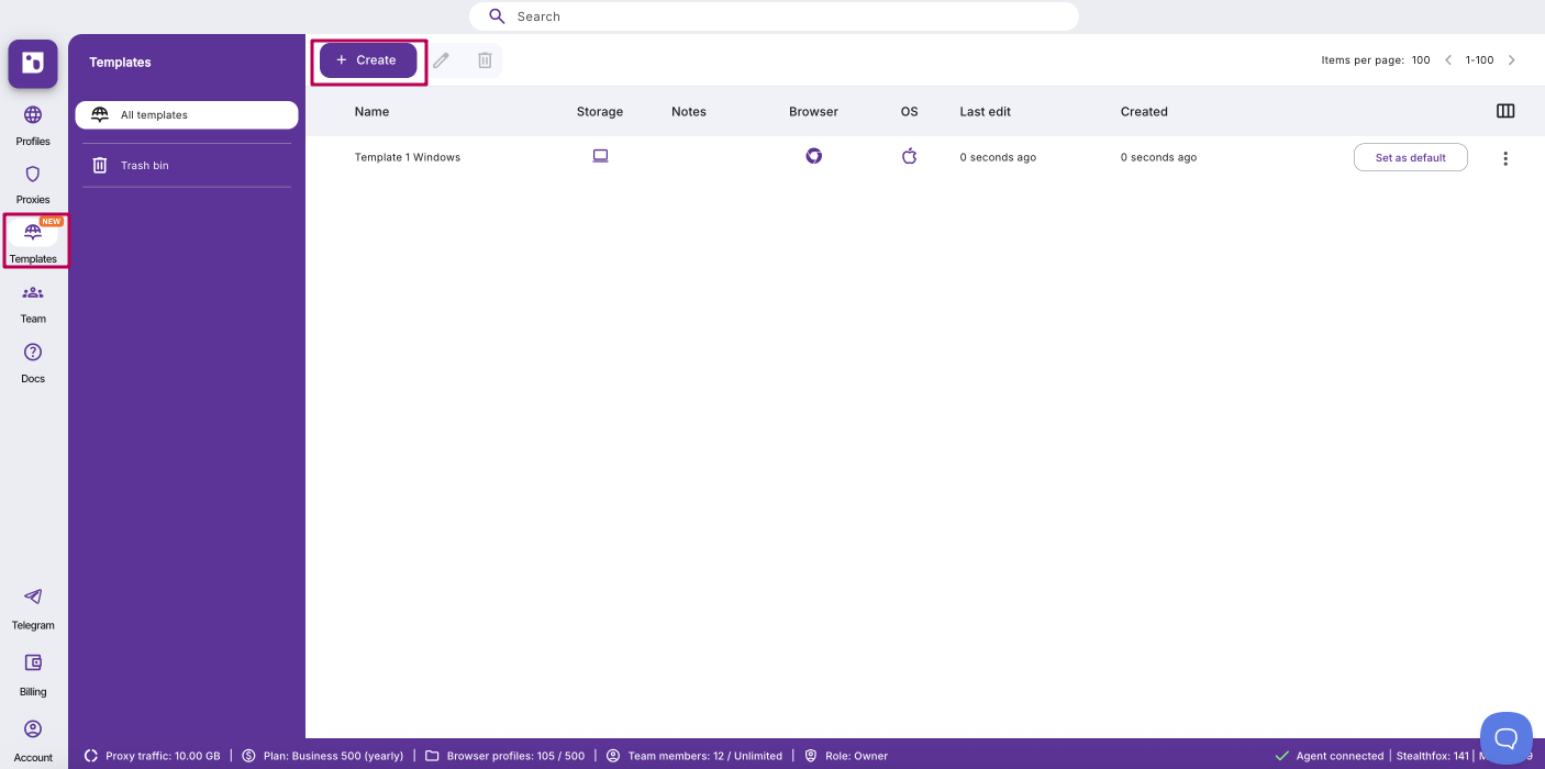 Templates section showing Create button and template form