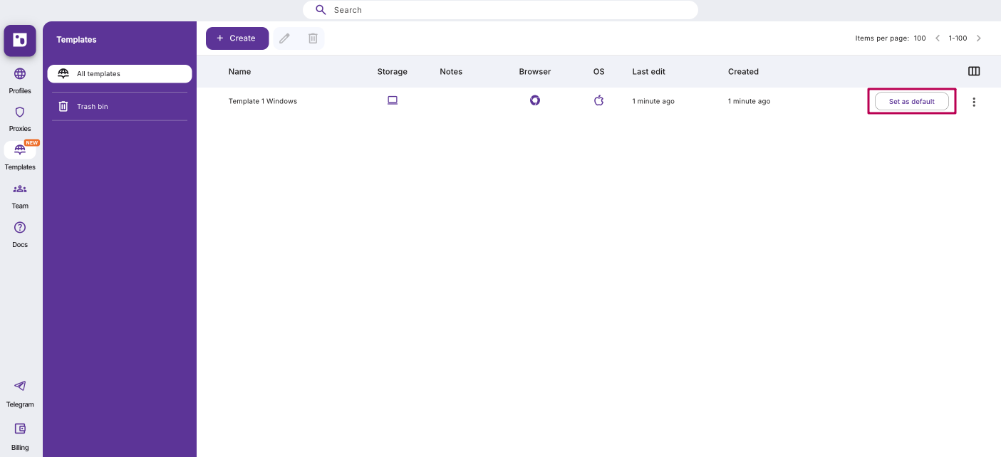 Template list with Set as default and Reset buttons