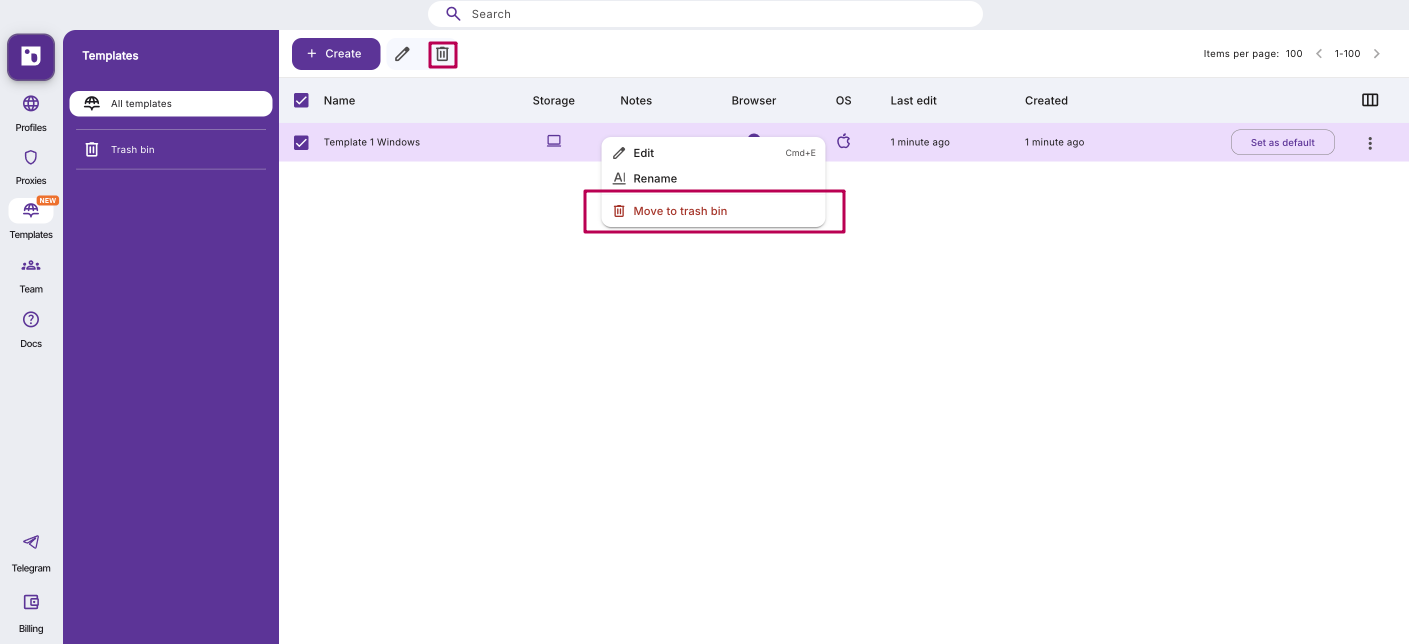 Trash bin view for templates with Restore and Delete options