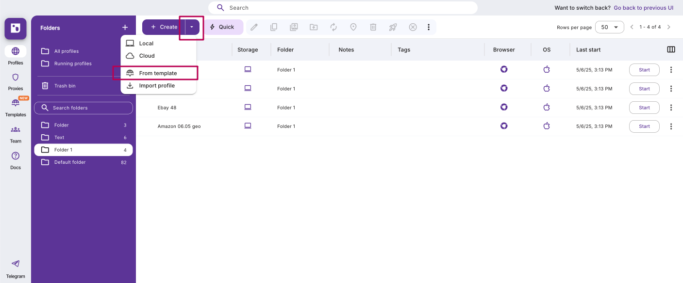 Create profile from template menu in Profiles section