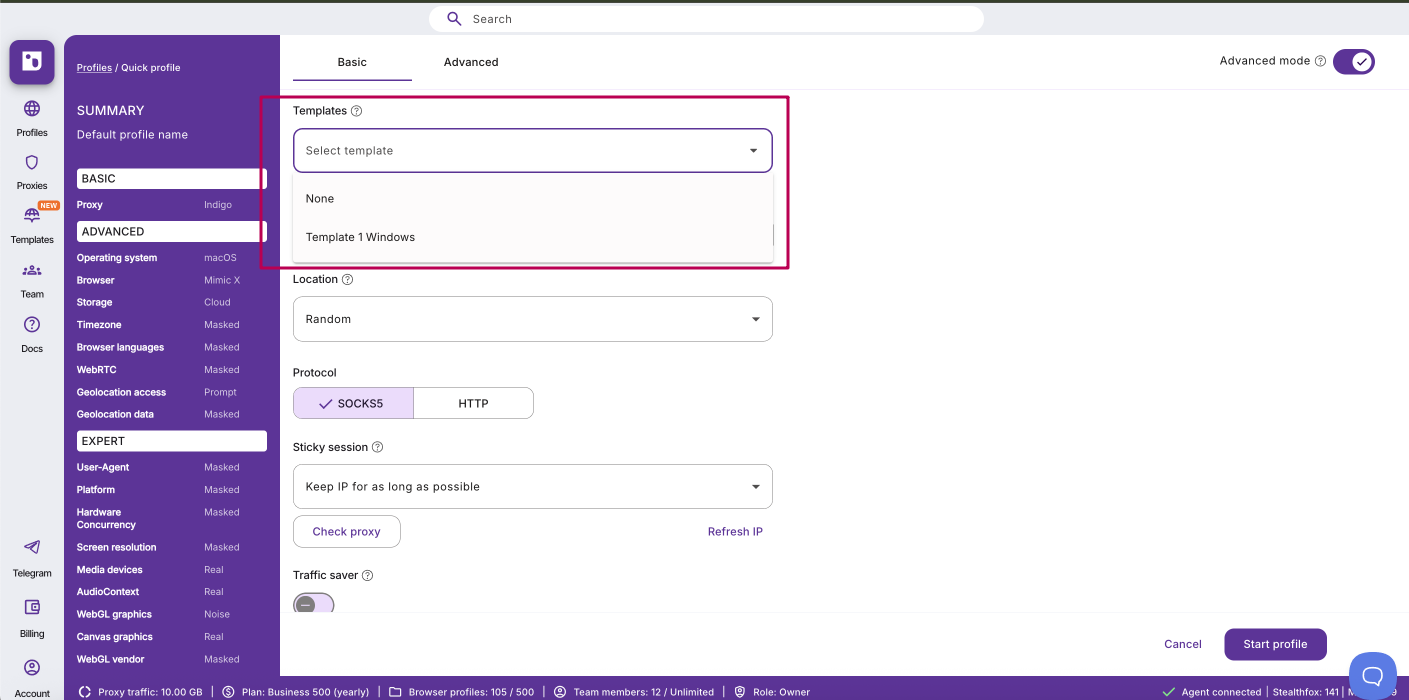 Quick profile flow with Templates selector