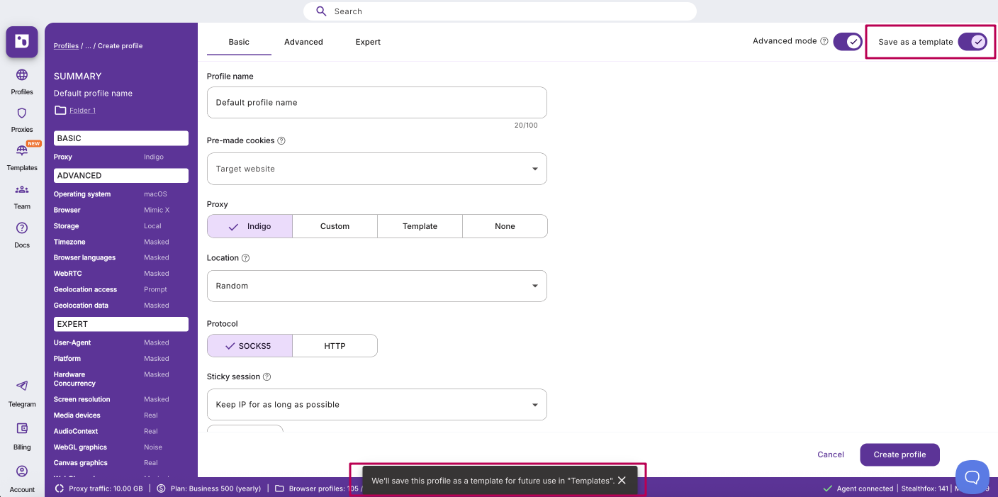 Save as template action inside profile settings