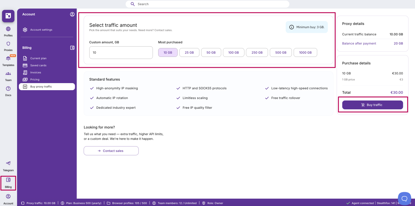 Billing: Buy proxy traffic flow in Indigo