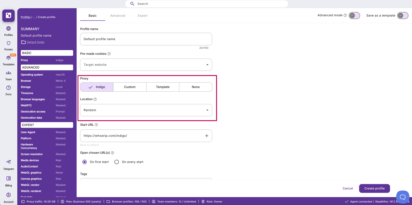 Regular profile: Indigo proxy basic setup