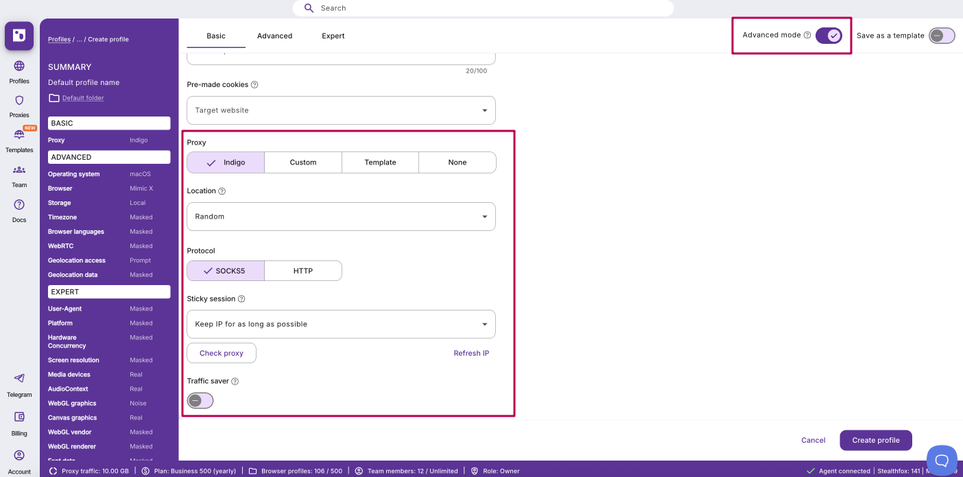Regular profile: advanced proxy settings panel