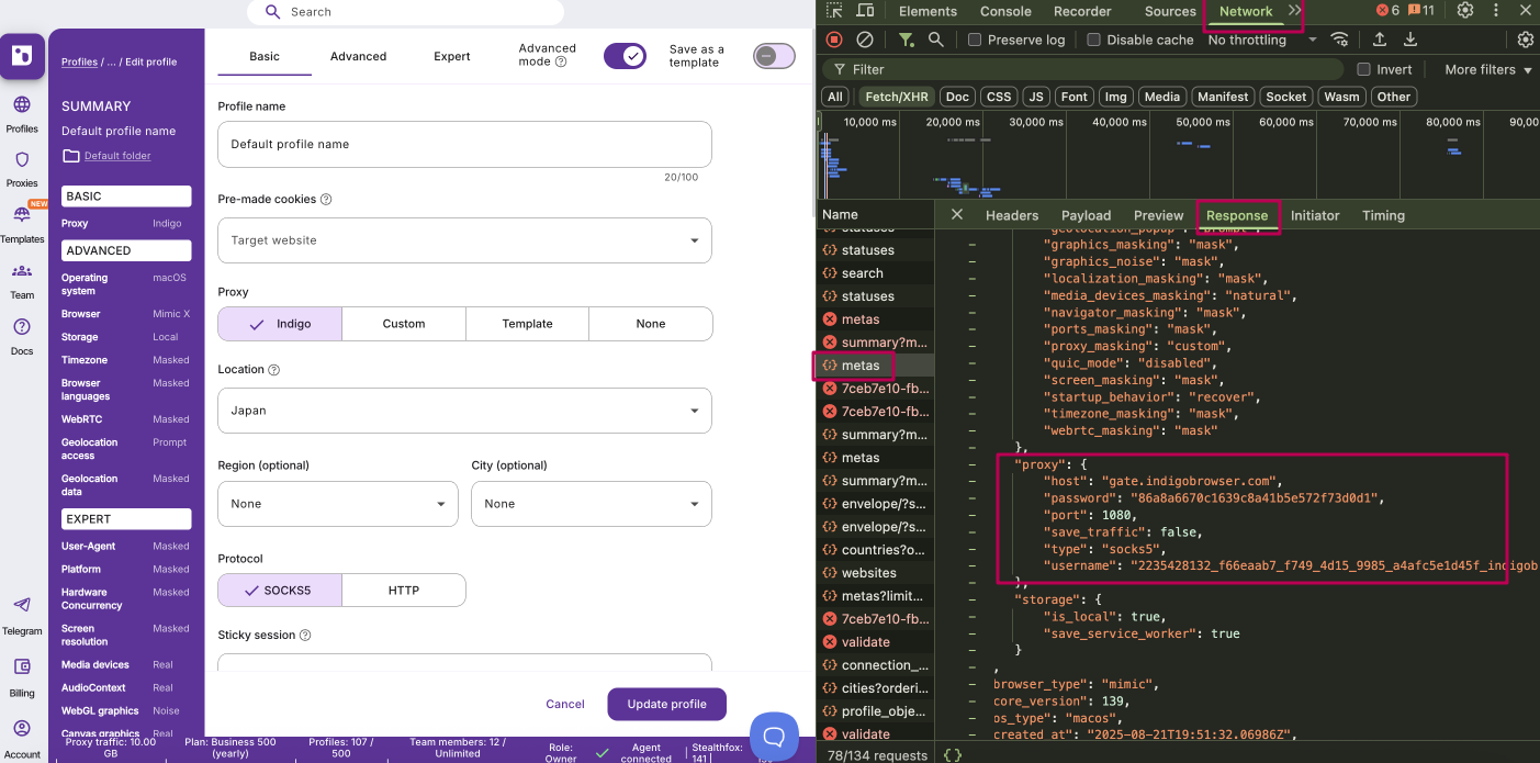 DevTools Network tab showing metas response with proxy details