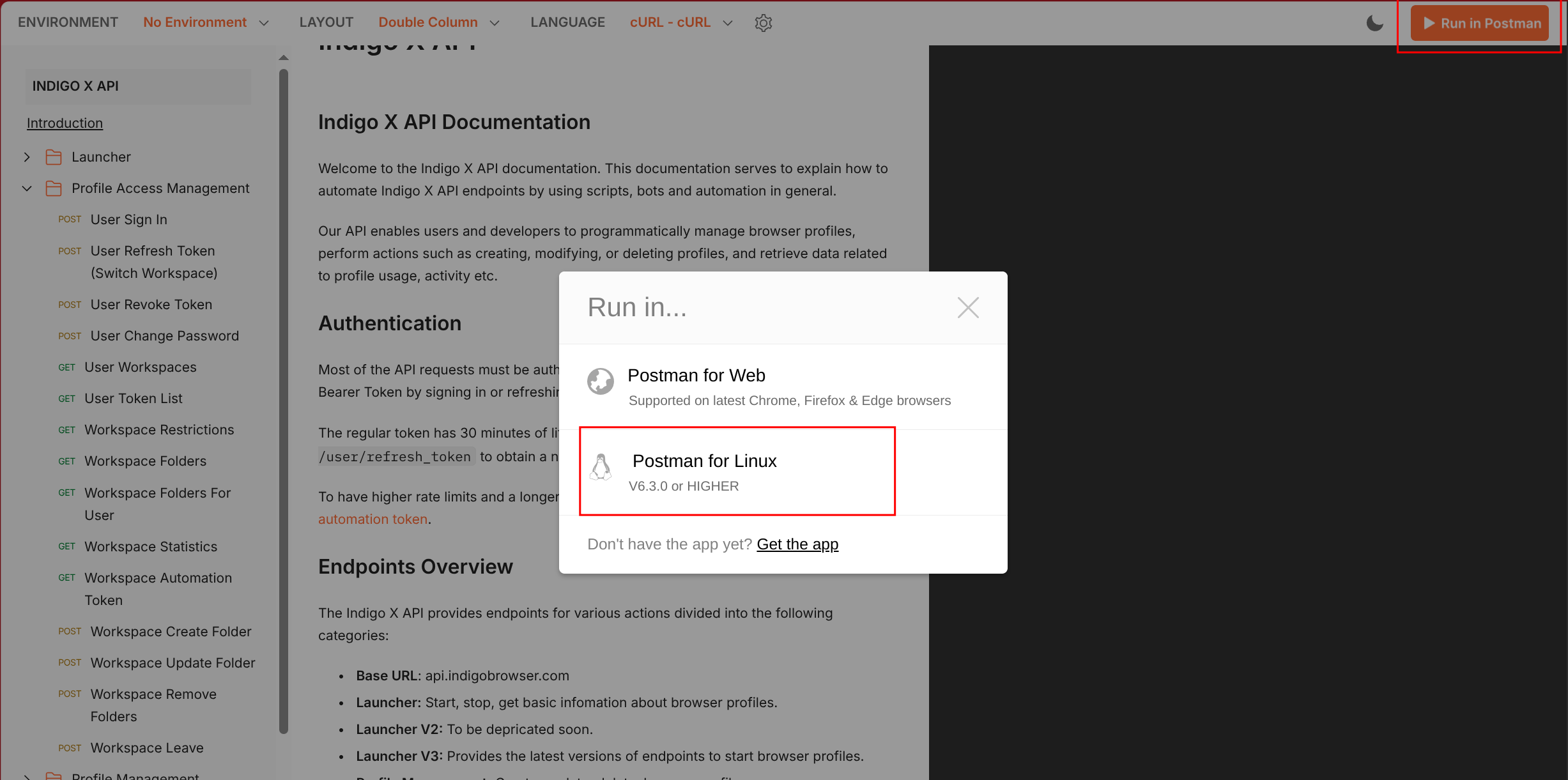 Кнопка Run in Postman
